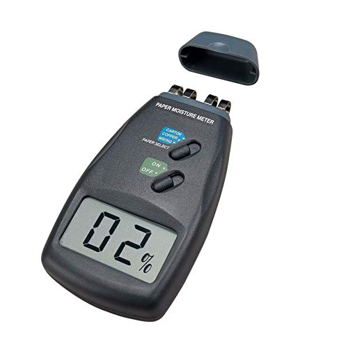 Paper moisture meter with digital display on a white background