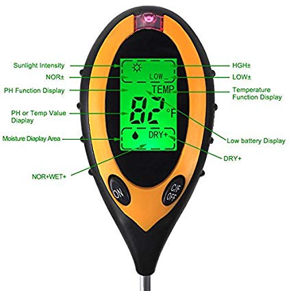Digital soil moisture meter with labeled functions on a white background