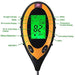 Digital soil moisture meter with labeled functions on a white background