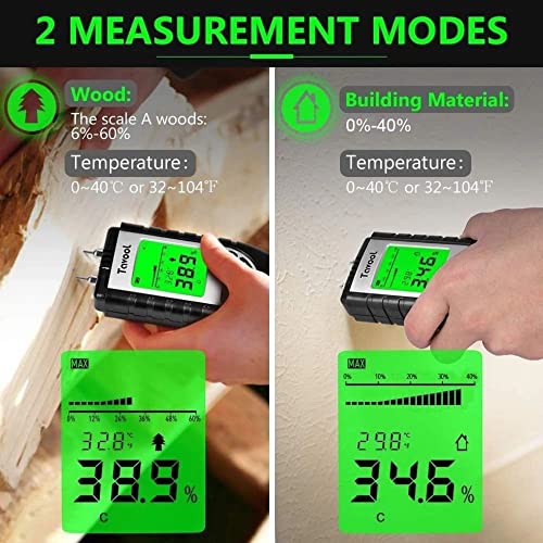 Digital moisture meter being used on wood and building material with measurement modes displayed.