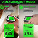 Digital moisture meter being used on wood and building material with measurement modes displayed.