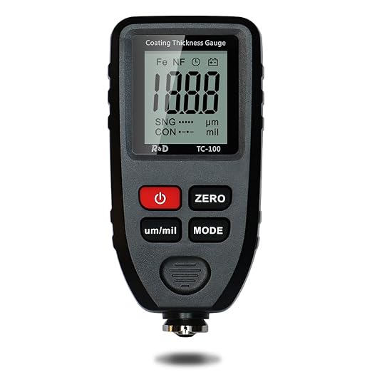 Coating thickness gauge with digital display on a white background