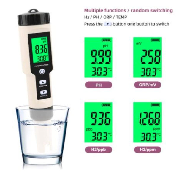Digital water quality meter with multiple display screens on a white background
