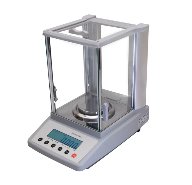 Digital balance scale with a clear glass container on a white background