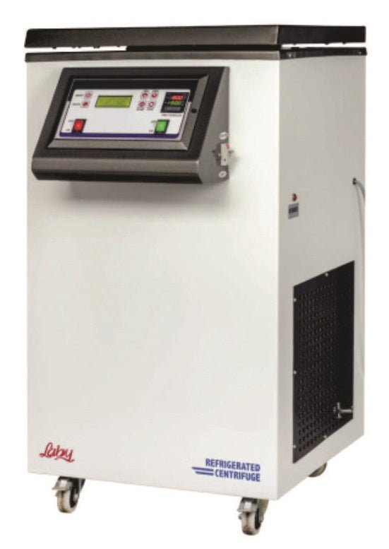 Refrigerated centrifuge with digital display on a white background