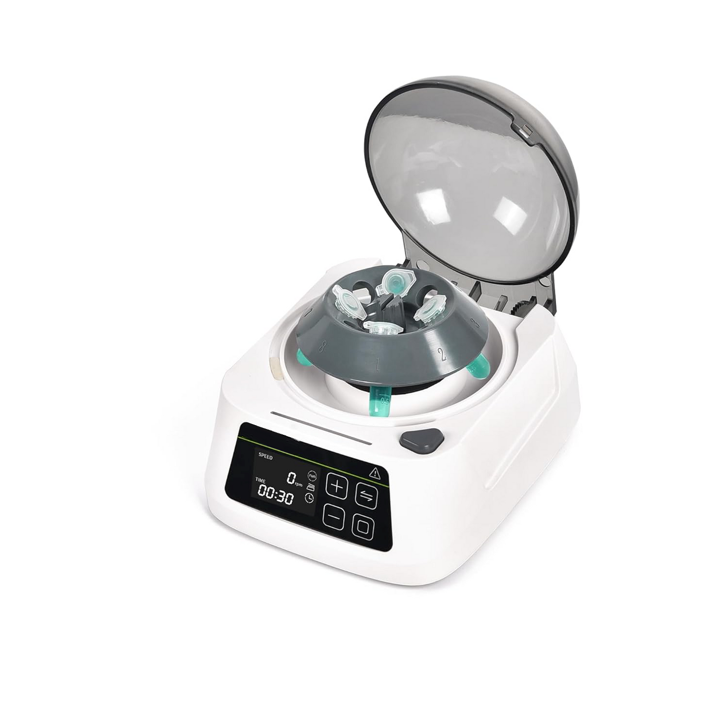 Small centrifuge with open lid on a white background