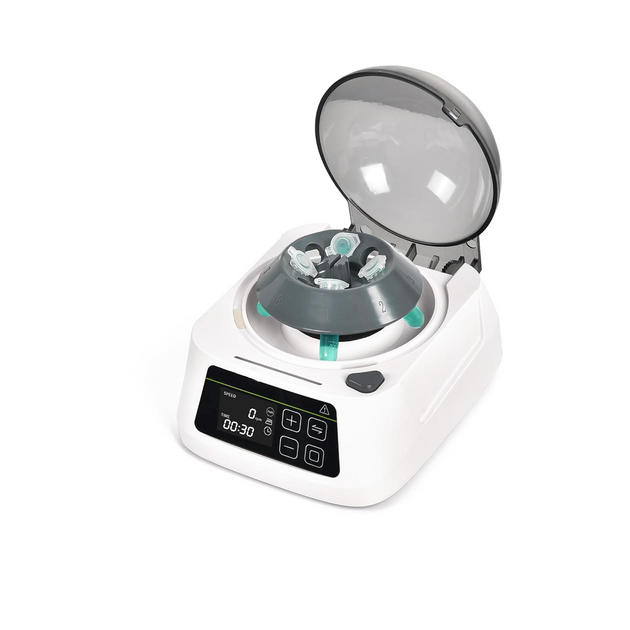 Small centrifuge with open lid on a white background