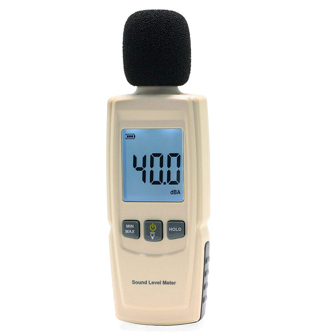 Sound level meter with digital display on a white background
