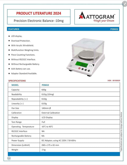 Precision Electronic Gold Balance 10mg/600g-PEB652 - Labmart.in