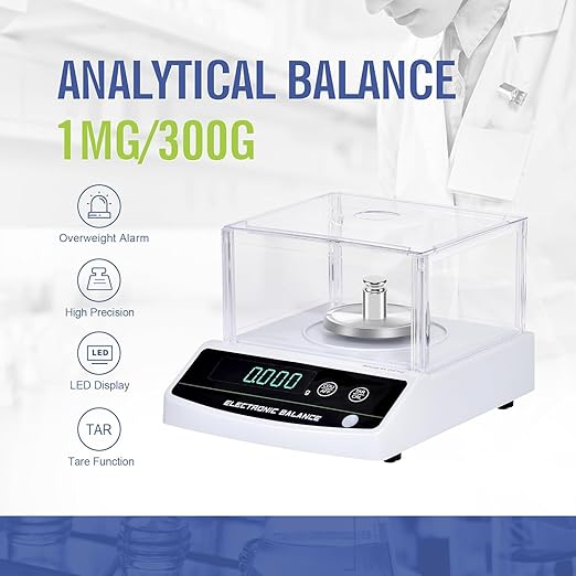 Analytical balance with digital display and clear weighing pan, featuring text and icons on a white background.