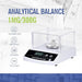 Analytical balance with digital display and clear weighing pan, featuring text and icons on a white background.