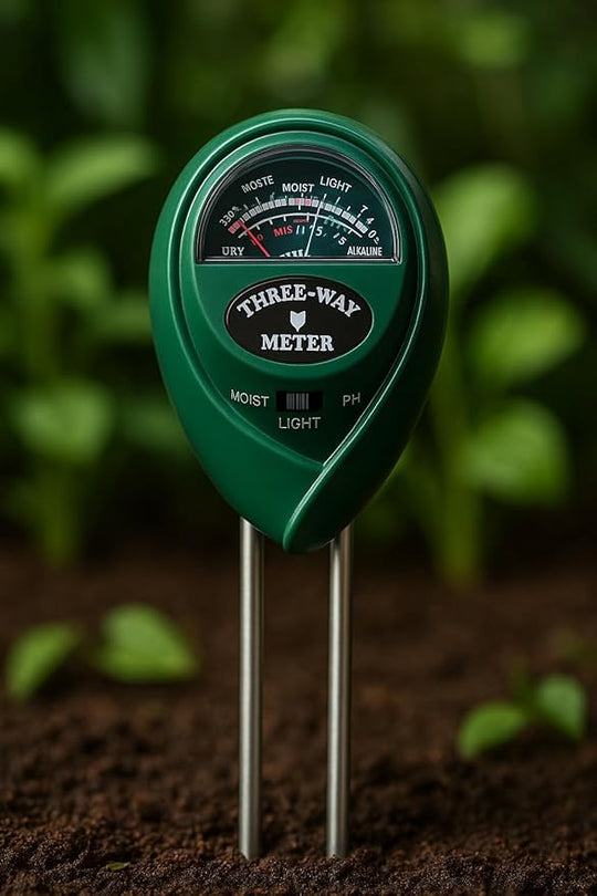 Three-way meter for soil testing with a green background