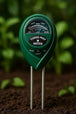 Three-way meter for soil testing with a green background