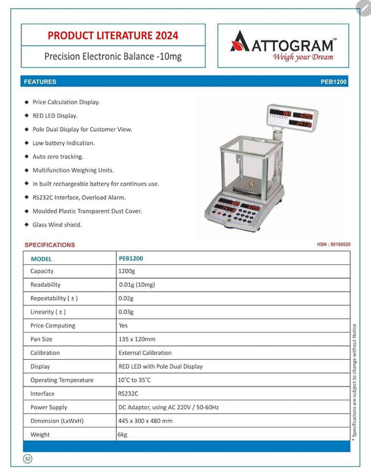 Precision Balance with price calculation display - 10mg/1200g - Labmart.in