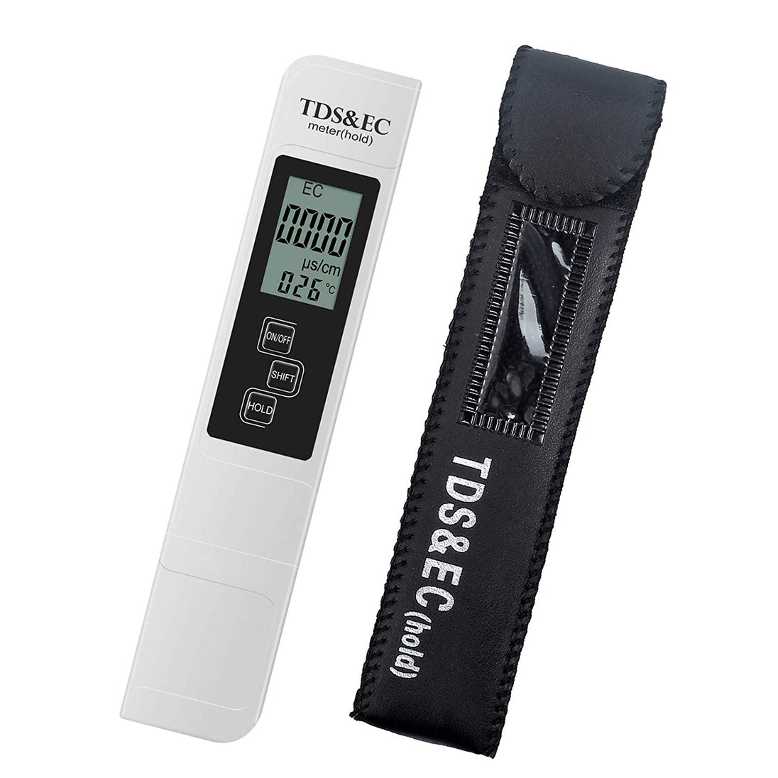 Digital TDS & EC meter with black carrying case on a white background