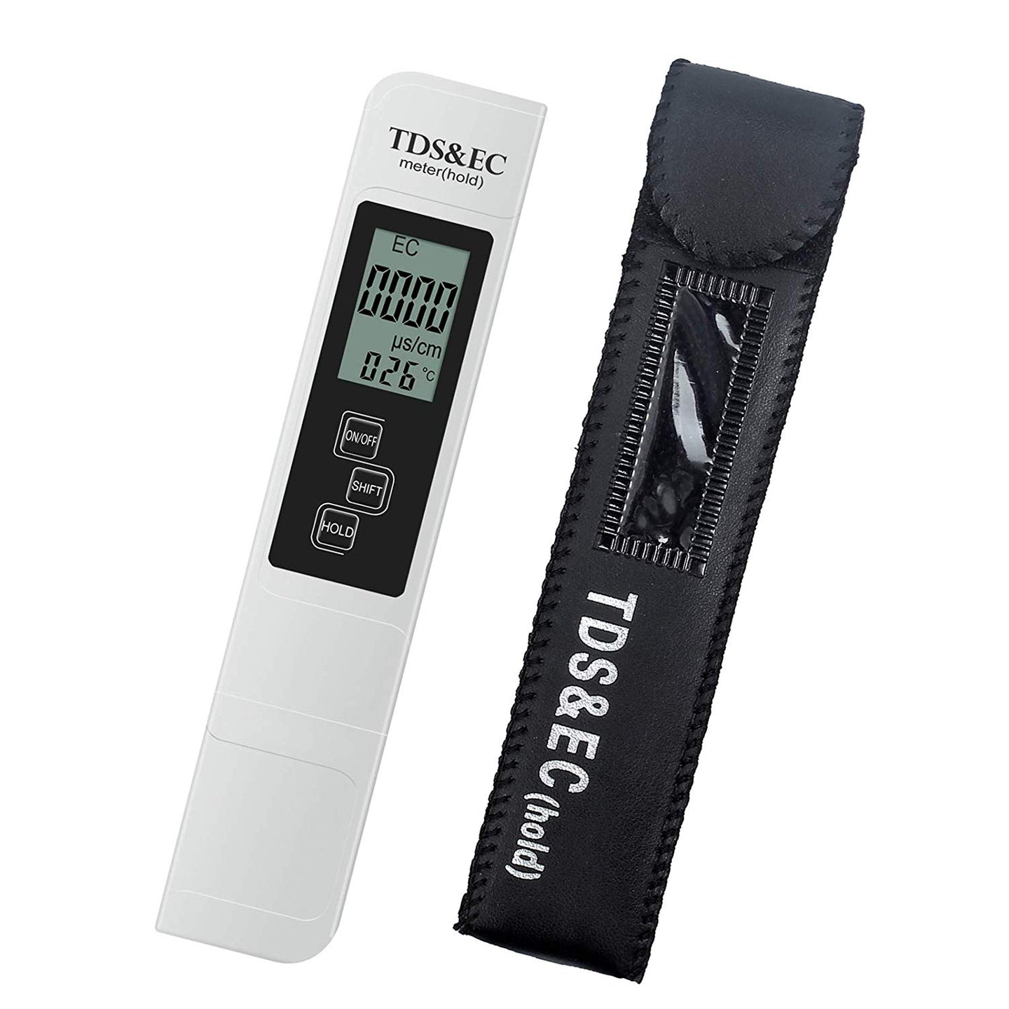 Digital TDS & EC meter with black carrying case on a white background