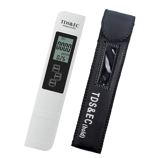 Digital TDS & EC meter with black carrying case on a white background