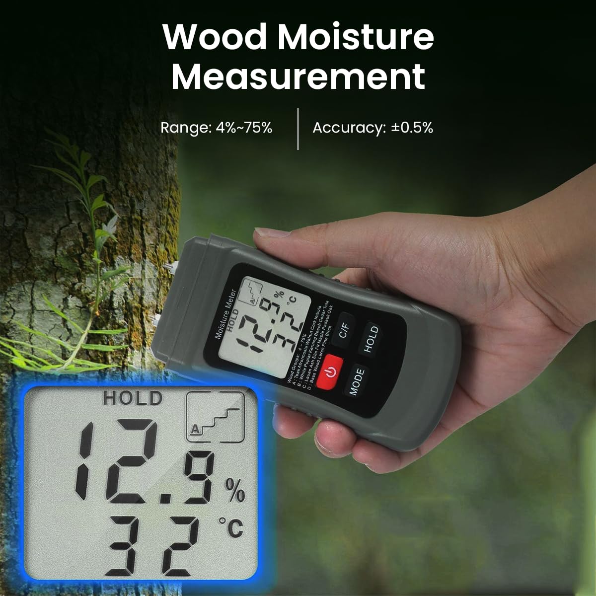 Wood moisture measurement device held by a hand with a tree in the background