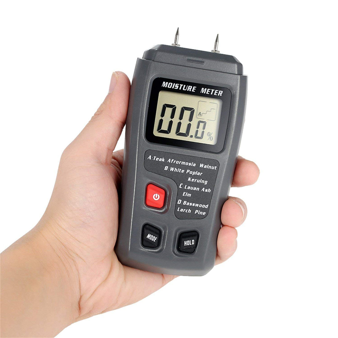 Hand holding a digital wood moisture meter with a white background