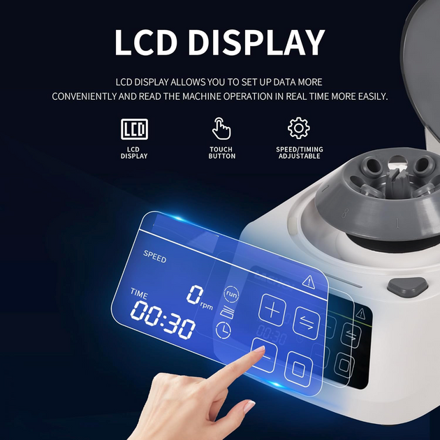 LCD display on a lab centrifuge with text explaining its features.