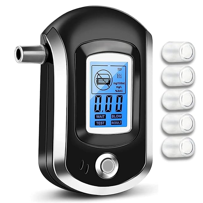 Digital breathalyzer with a screen and buttons on a white background