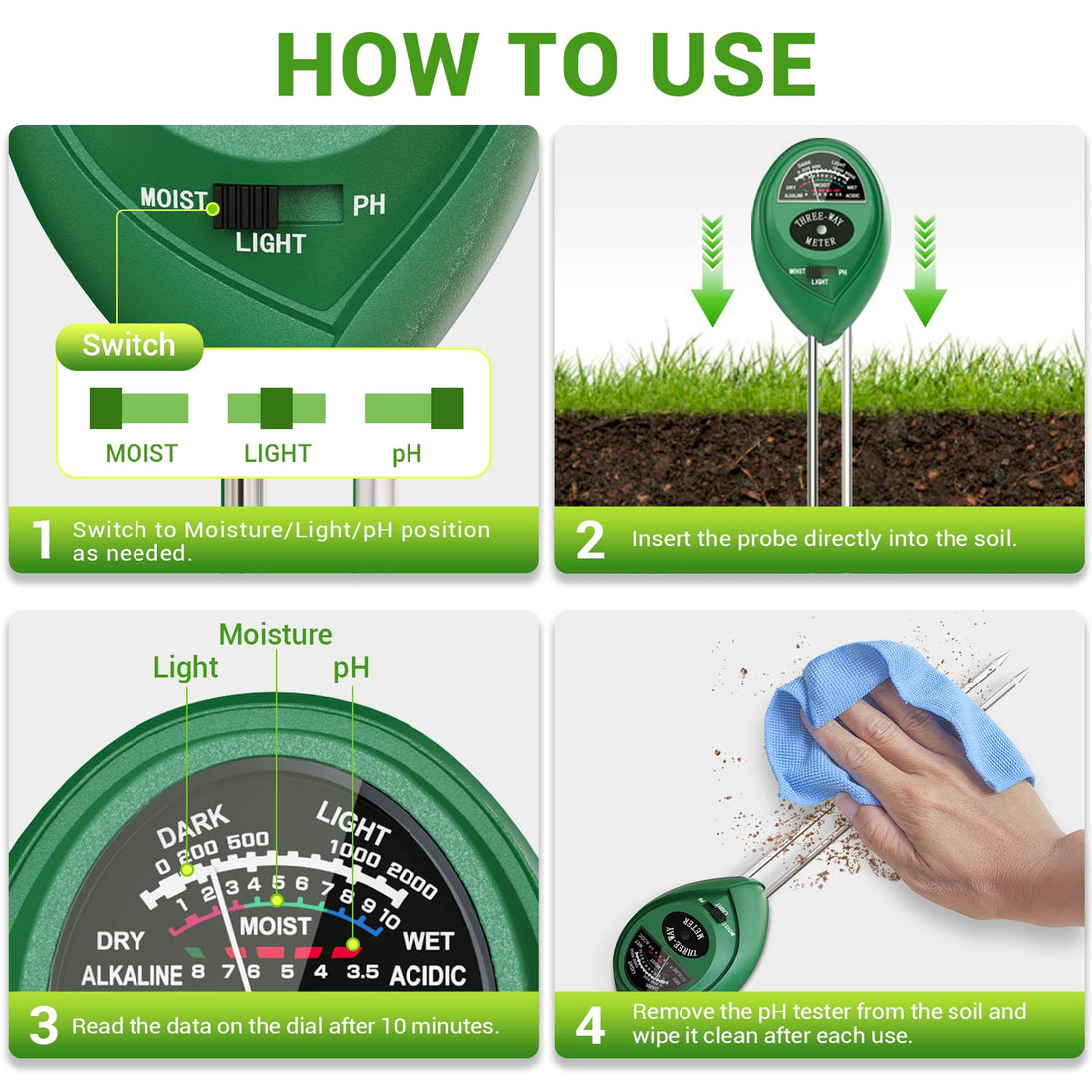 Instructions on how to use a soil pH tester with visual steps and diagrams.