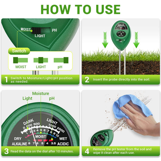 Instructions on how to use a soil pH tester with visual steps and diagrams.