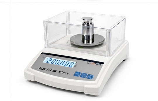 Electronic scale with digital display on a white background