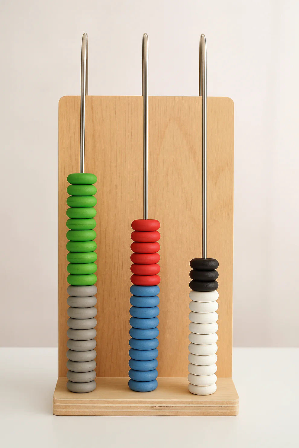 Colorful abacus-like tool with wooden base on a plain background