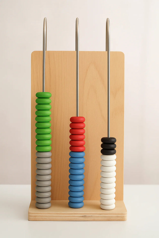 Colorful abacus-like tool with wooden base on a plain background