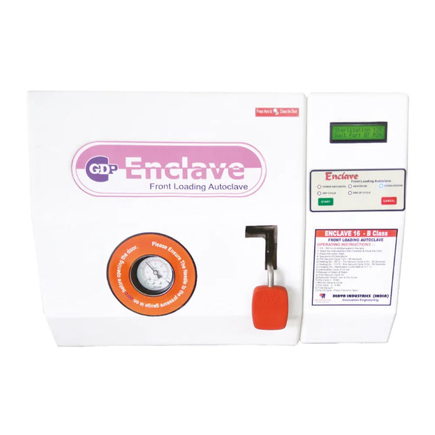 CDP Enclave front loading autoclave packaging with lock and thermometer on a white background
