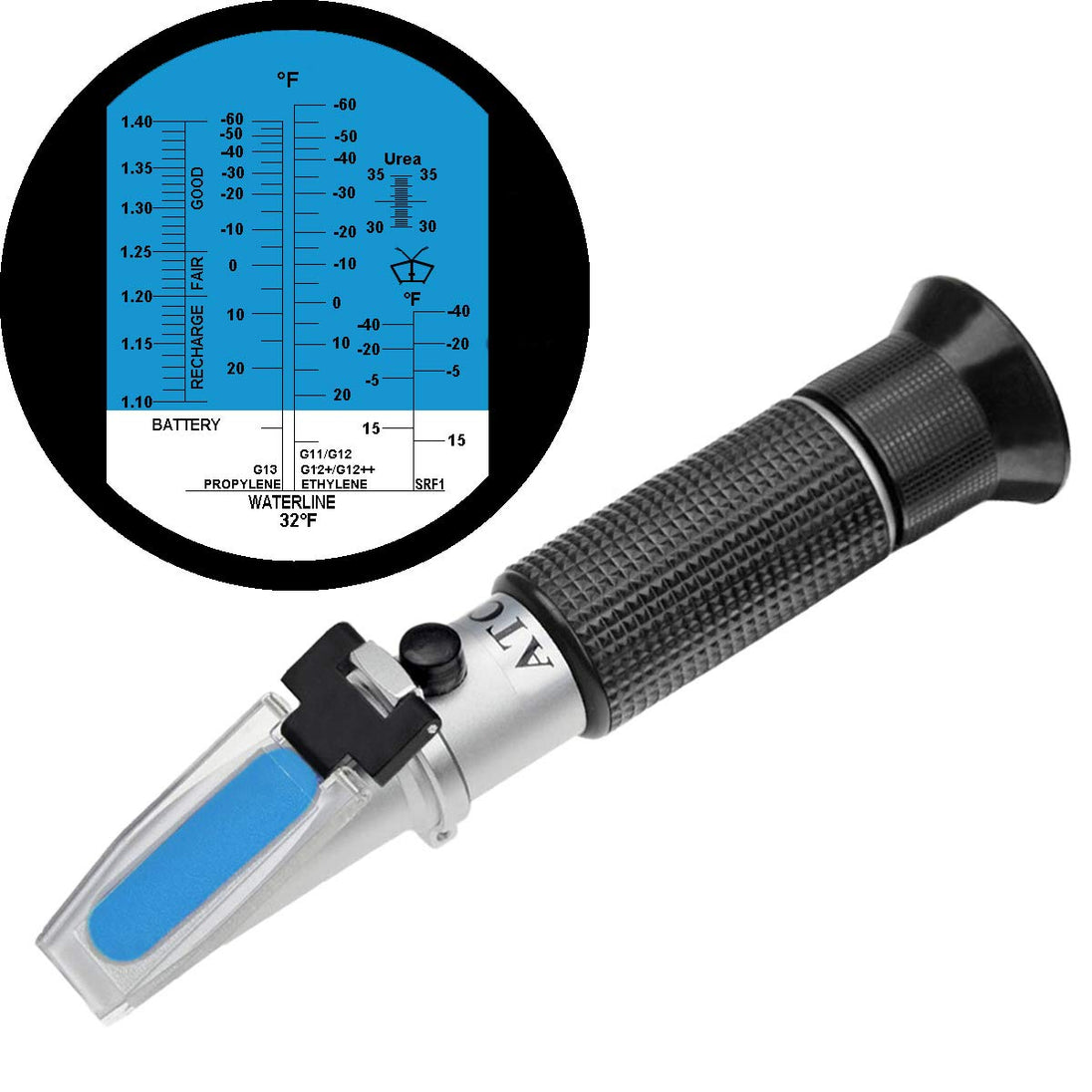 Refractometer with a close-up of its display on a white background