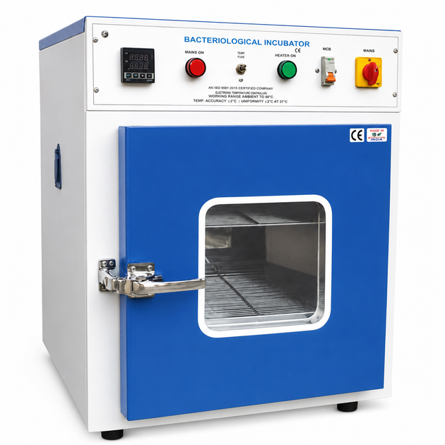 Bacteriological incubator with blue door and control panel on a white background