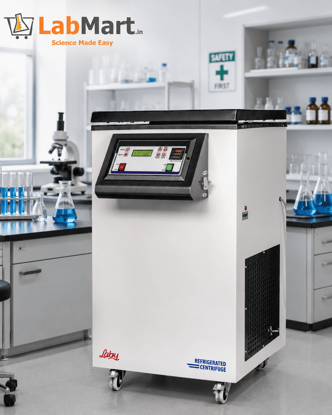 Refrigerated centrifuge in a laboratory setting with LabMart.in branding.