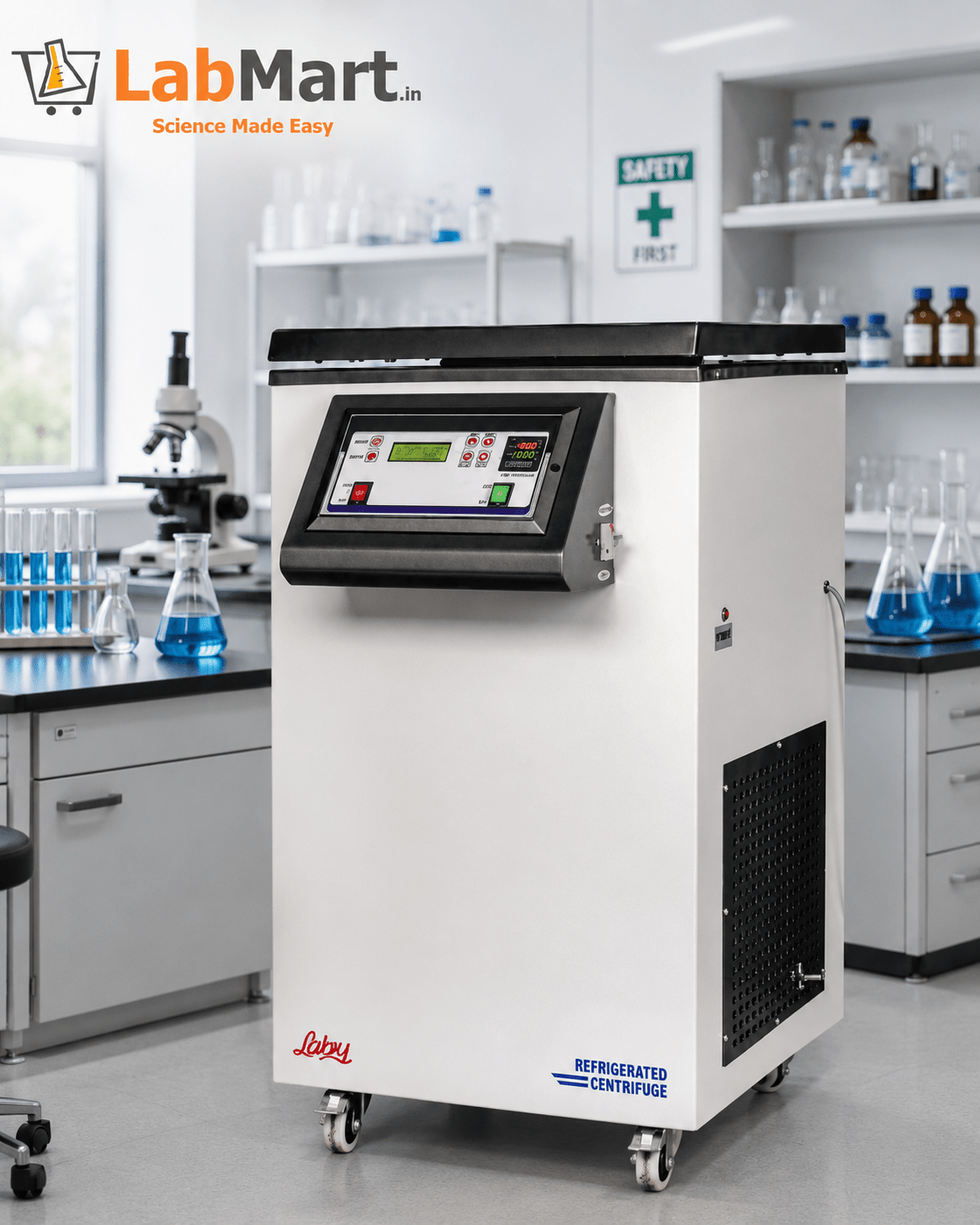 Refrigerated centrifuge in a laboratory setting with LabMart.in branding.