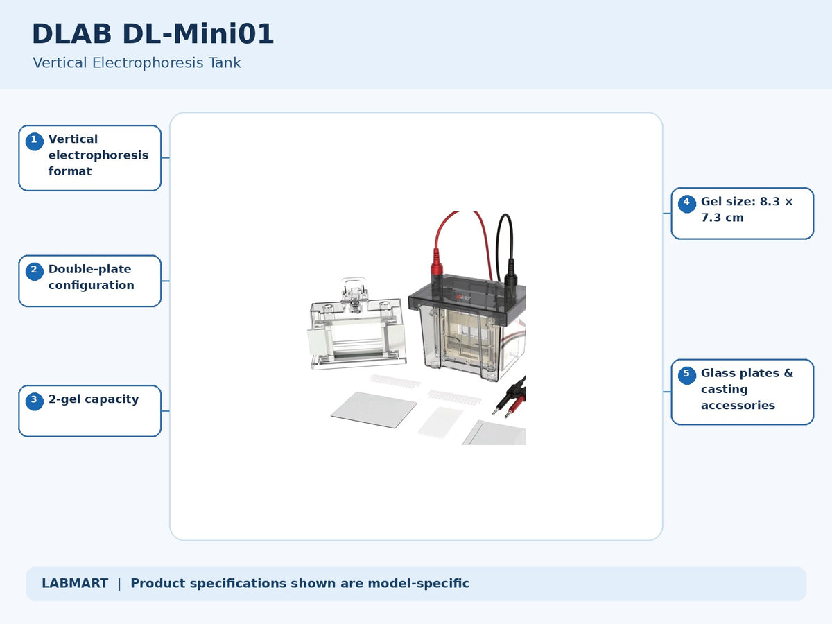 DLAB DL-Mini01 electrophoresis equipment with five model-specific features and specifications highlighted