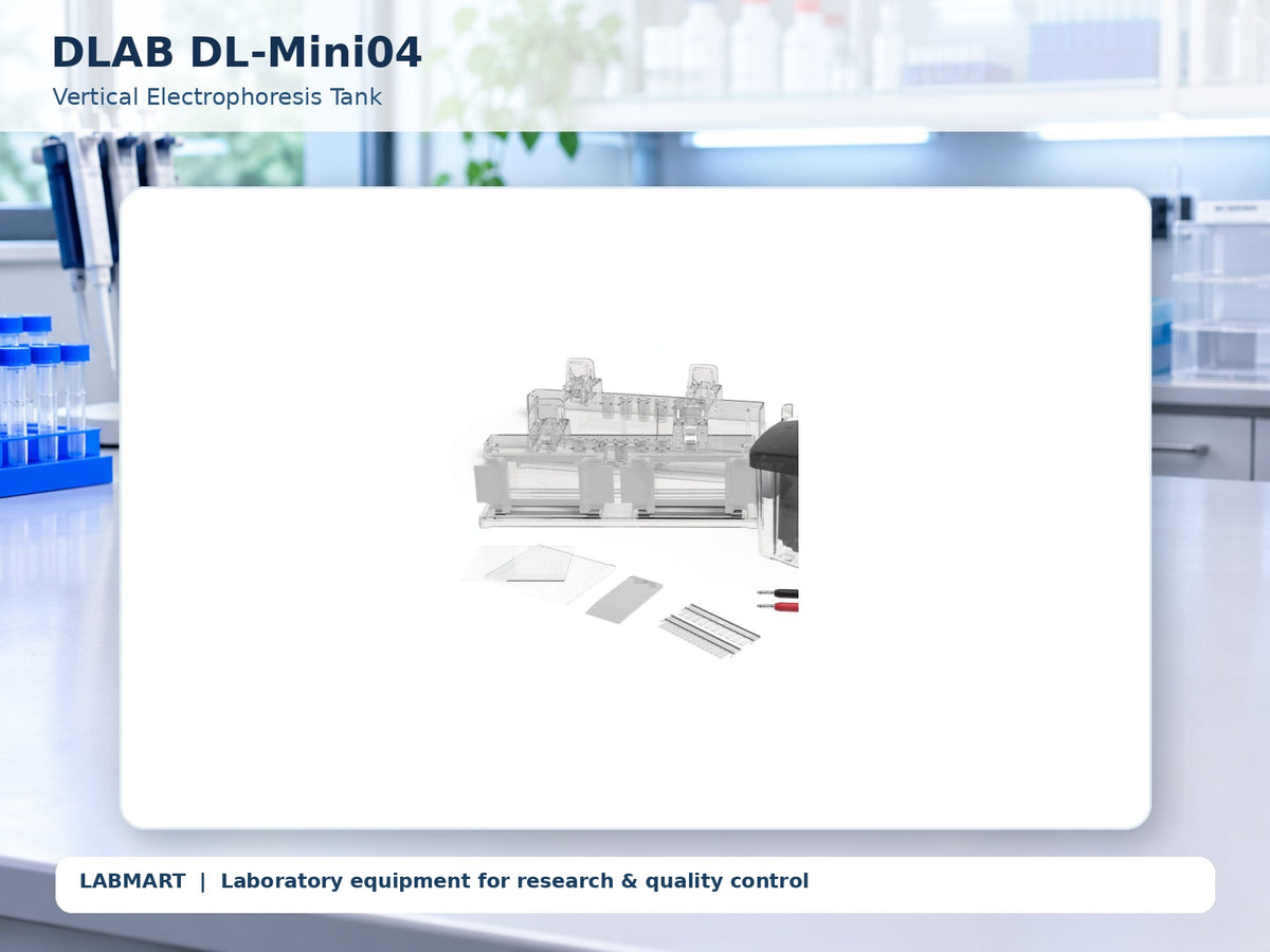 DLAB DL-Mini04 electrophoresis equipment shown in a modern laboratory, using the actual product photograph