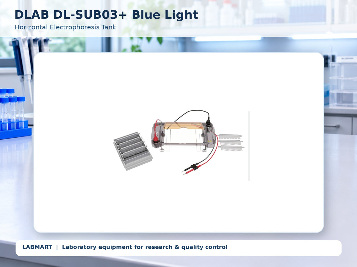 DLAB DL-SUB03+ Blue Light electrophoresis equipment shown in a modern laboratory, using the actual product photograph