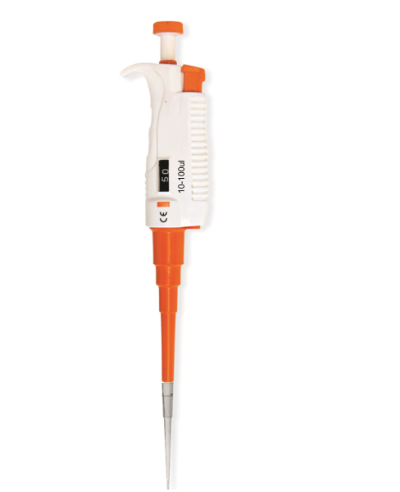Laboratory pipette with orange and white design on a white background
