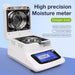 High precision moisture meter with halogen lamp and touch screen display on a blue background