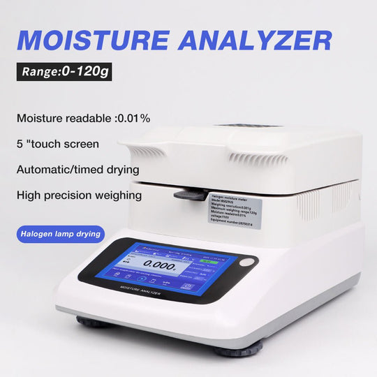 Moisture analyzer with digital display on a white background