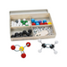 Molecular model set with colorful balls and a wooden box on a white background