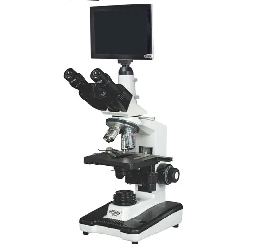 Microscope with digital camera attachment on a white background