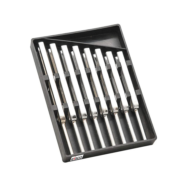 Set of silver tuning forks in a black tray on a white background