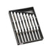 Set of silver tuning forks in a black tray on a white background