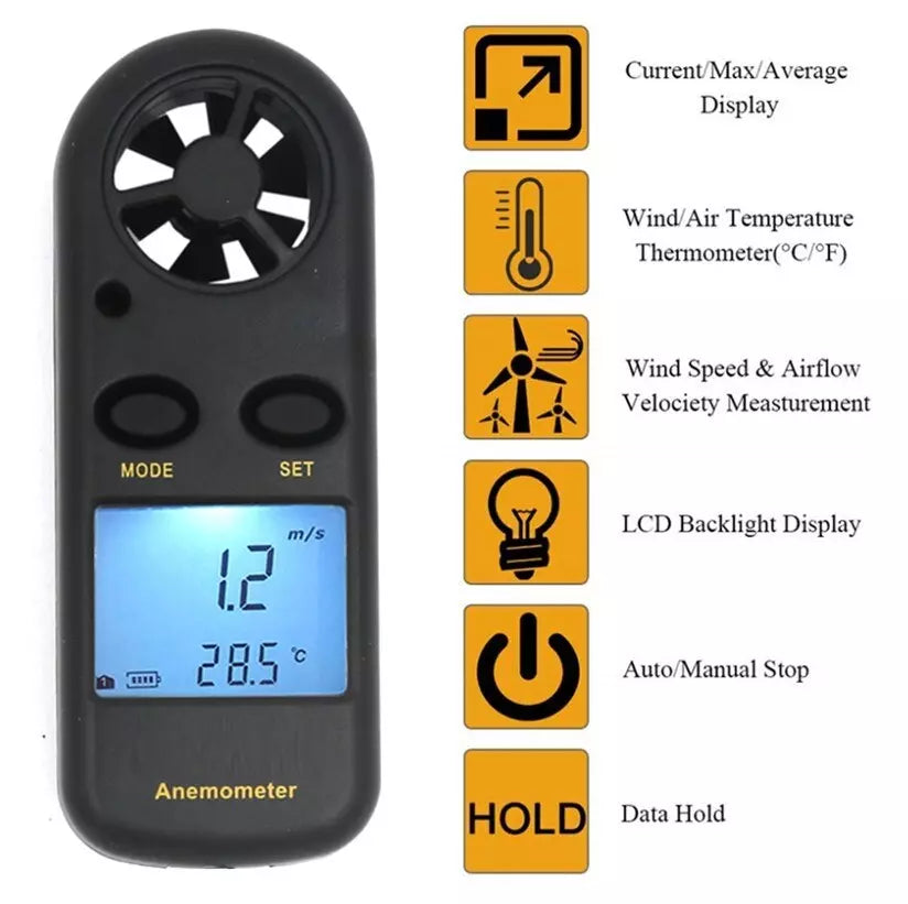 Anemometer with digital display and feature icons on a white background