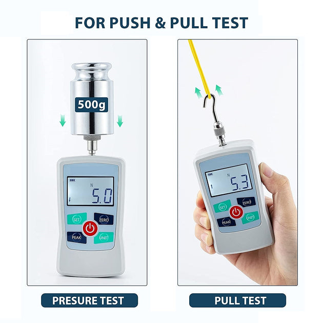 Digital force gauge for push and pull tests with pressure and pull test illustrations.
