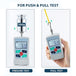 Digital force gauge for push and pull tests with pressure and pull test illustrations.
