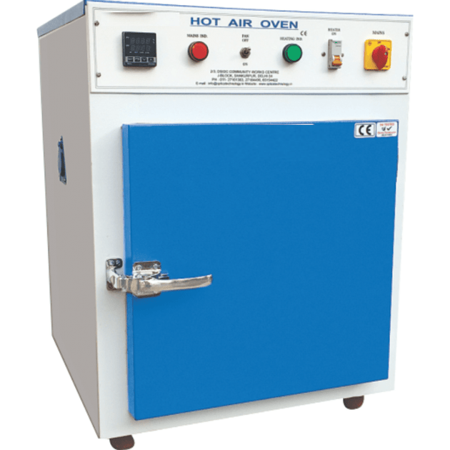 Hot air oven with blue door and control panel on a white background from Labmart.in