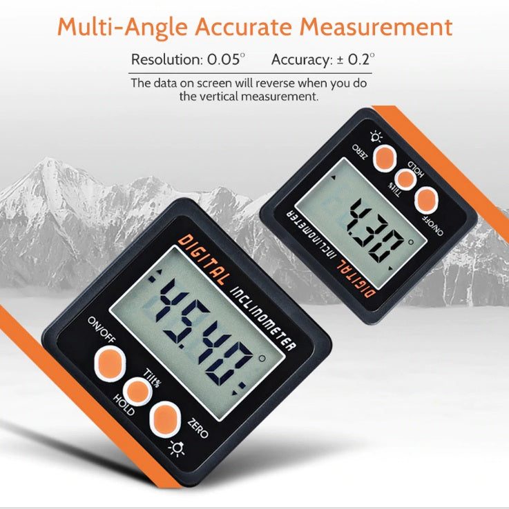 Two digital inclinometers with mountain background